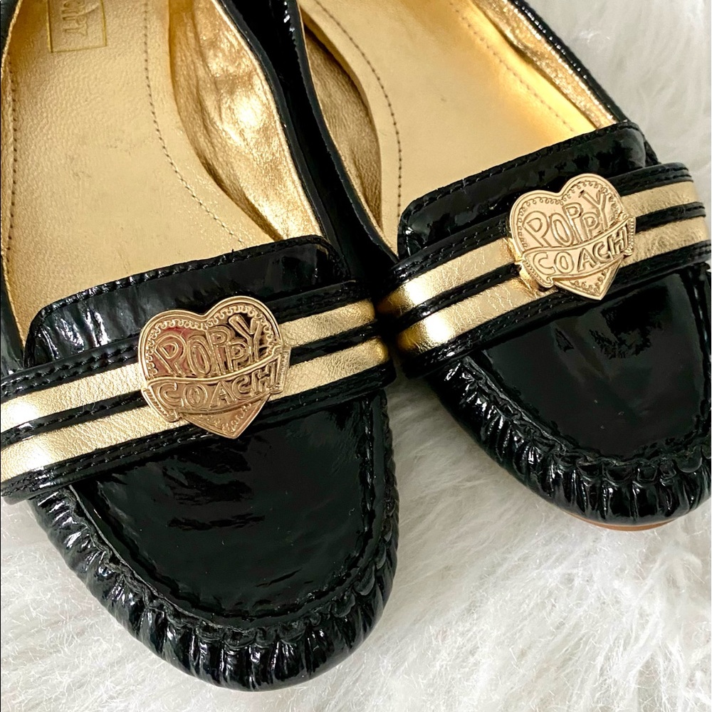 Coach Poppy Noelle Black/Gold Patent Leather Flats